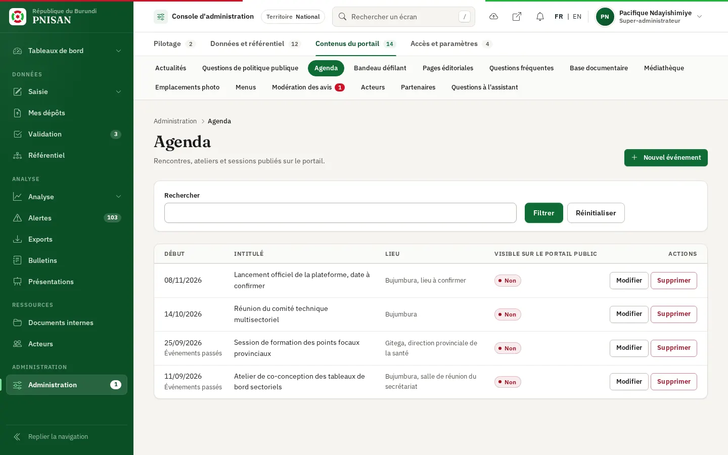 Liste des événements de l'agenda