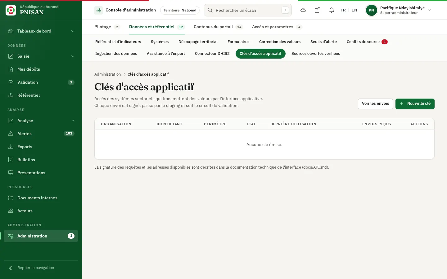 Liste des clés d'accès applicatif