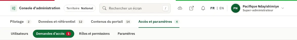 Onglets de la console, groupe Accès et paramètres ouvert