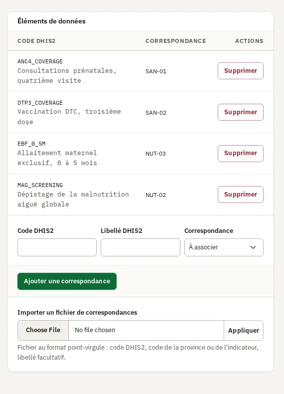 Éléments de données : correspondances, ajout et import de fichier