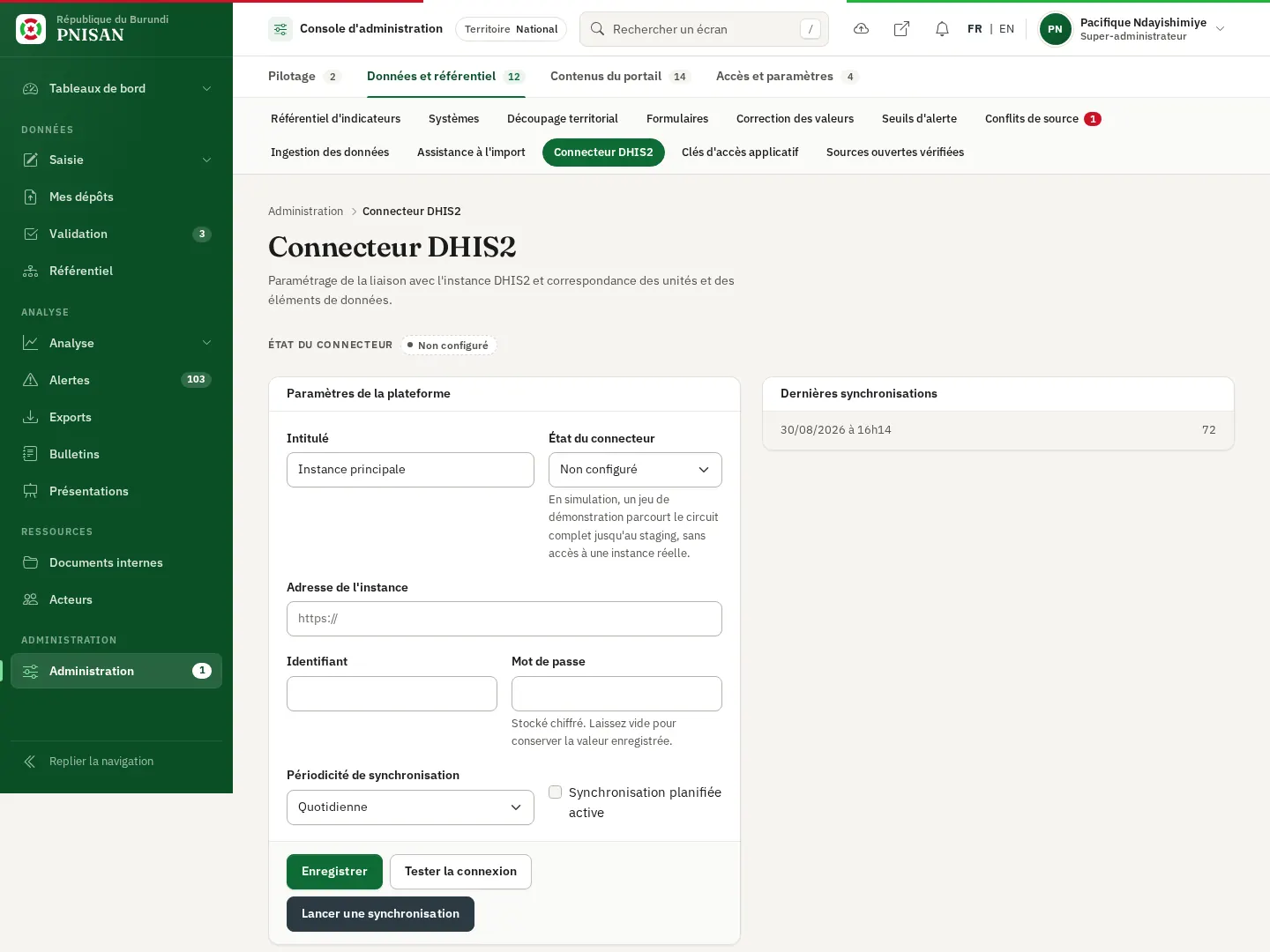État du connecteur et paramètres de la plateforme