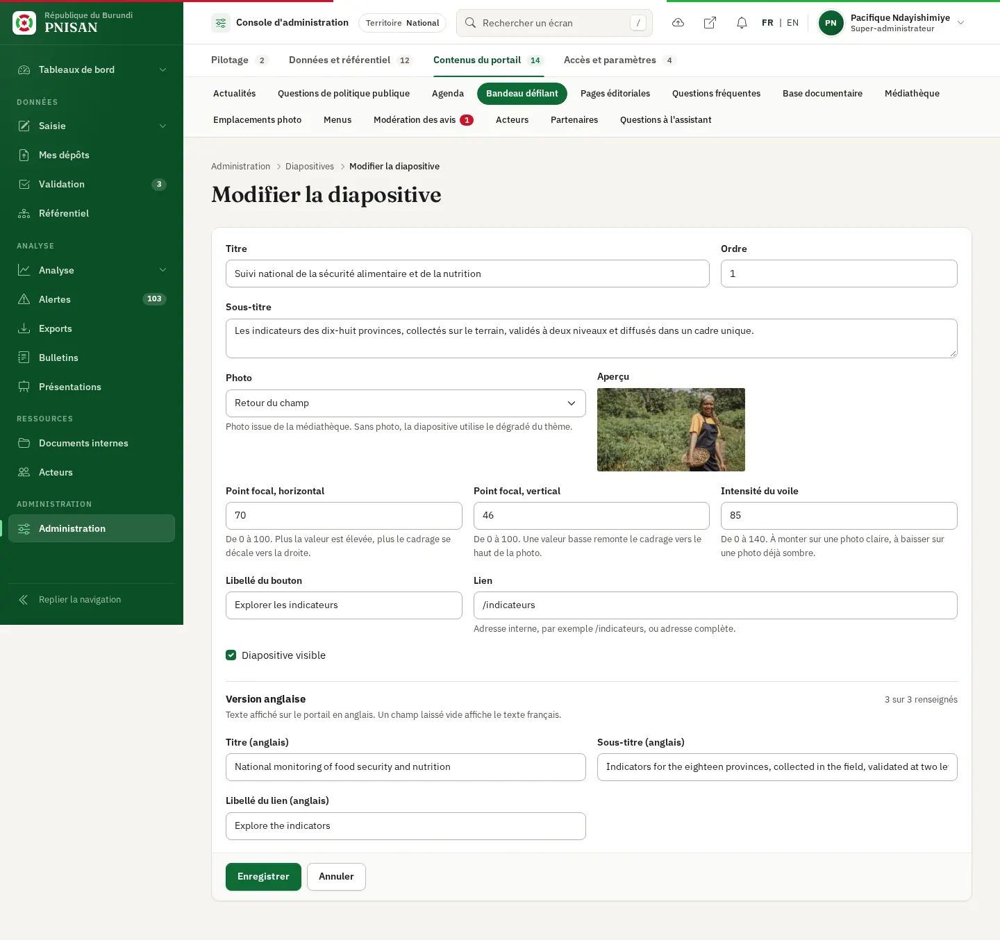 Formulaire d'une diapositive de l'accueil
