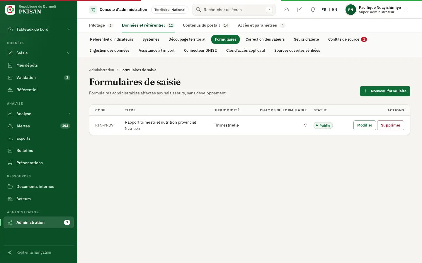 Liste des formulaires de saisie