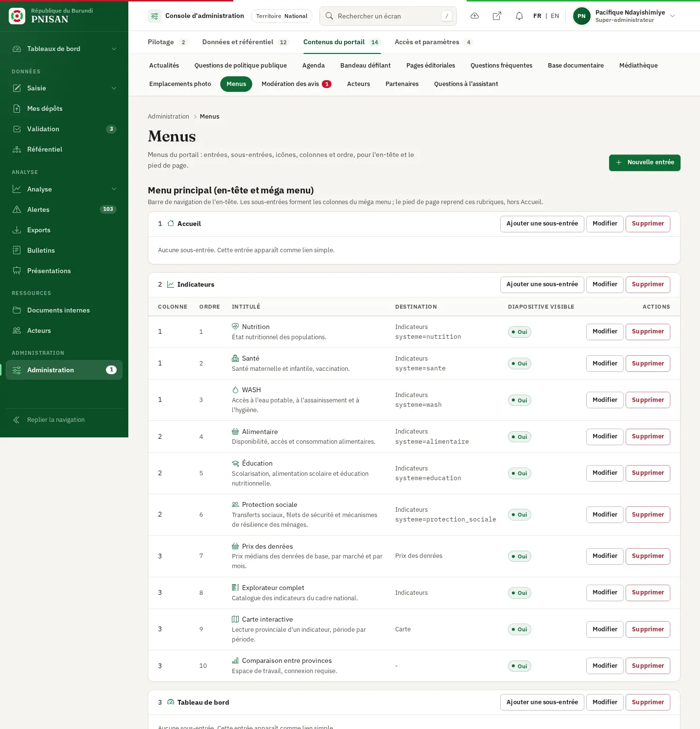 Menus du portail