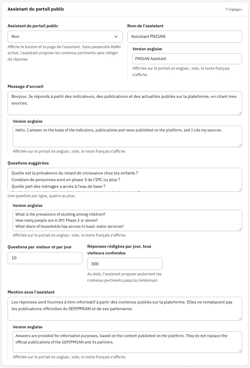 Paramètres, groupe Assistant du portail public