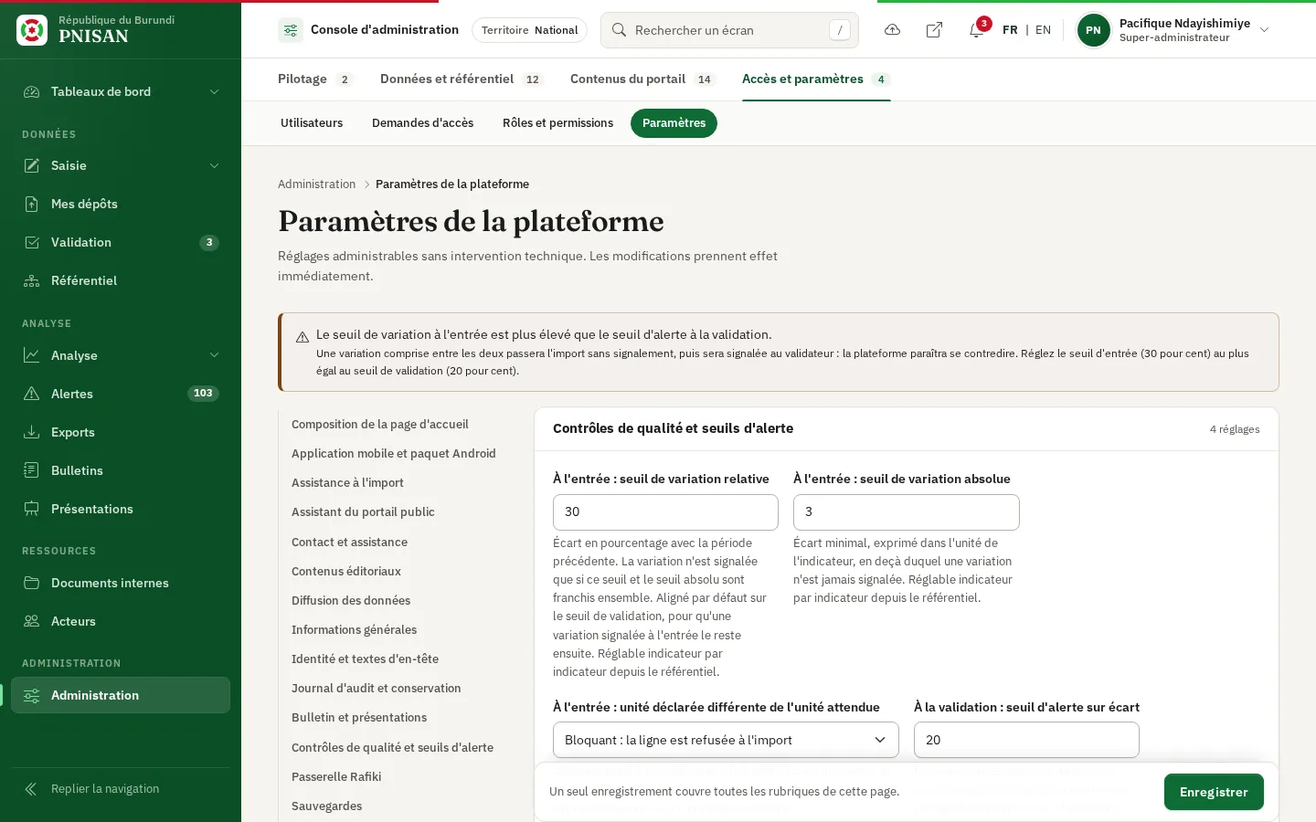 Bandeau d'incohérence des seuils et groupe Contrôles de qualité et seuils d'alerte
