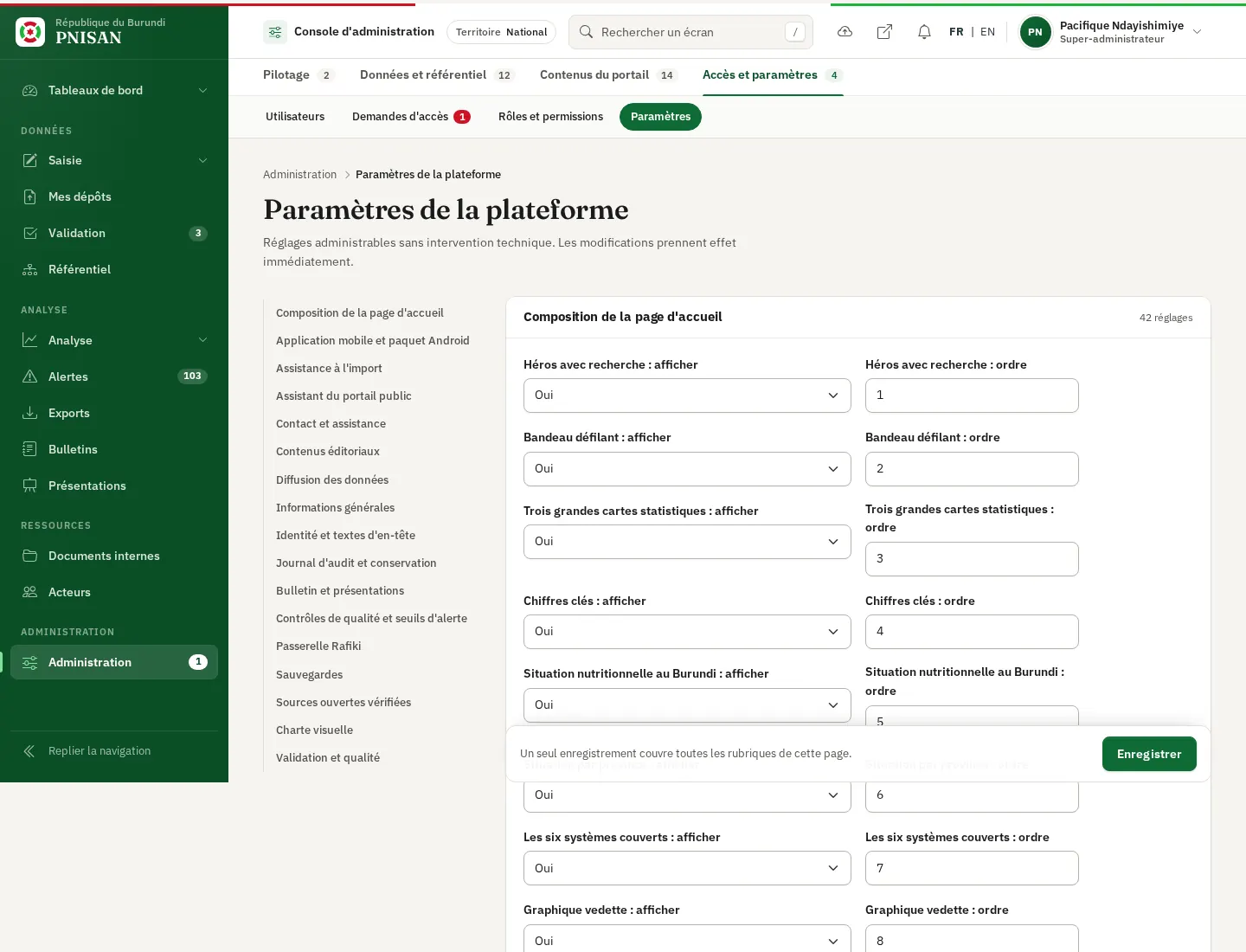 Paramètres de la plateforme : sommaire des rubriques et premier groupe de réglages