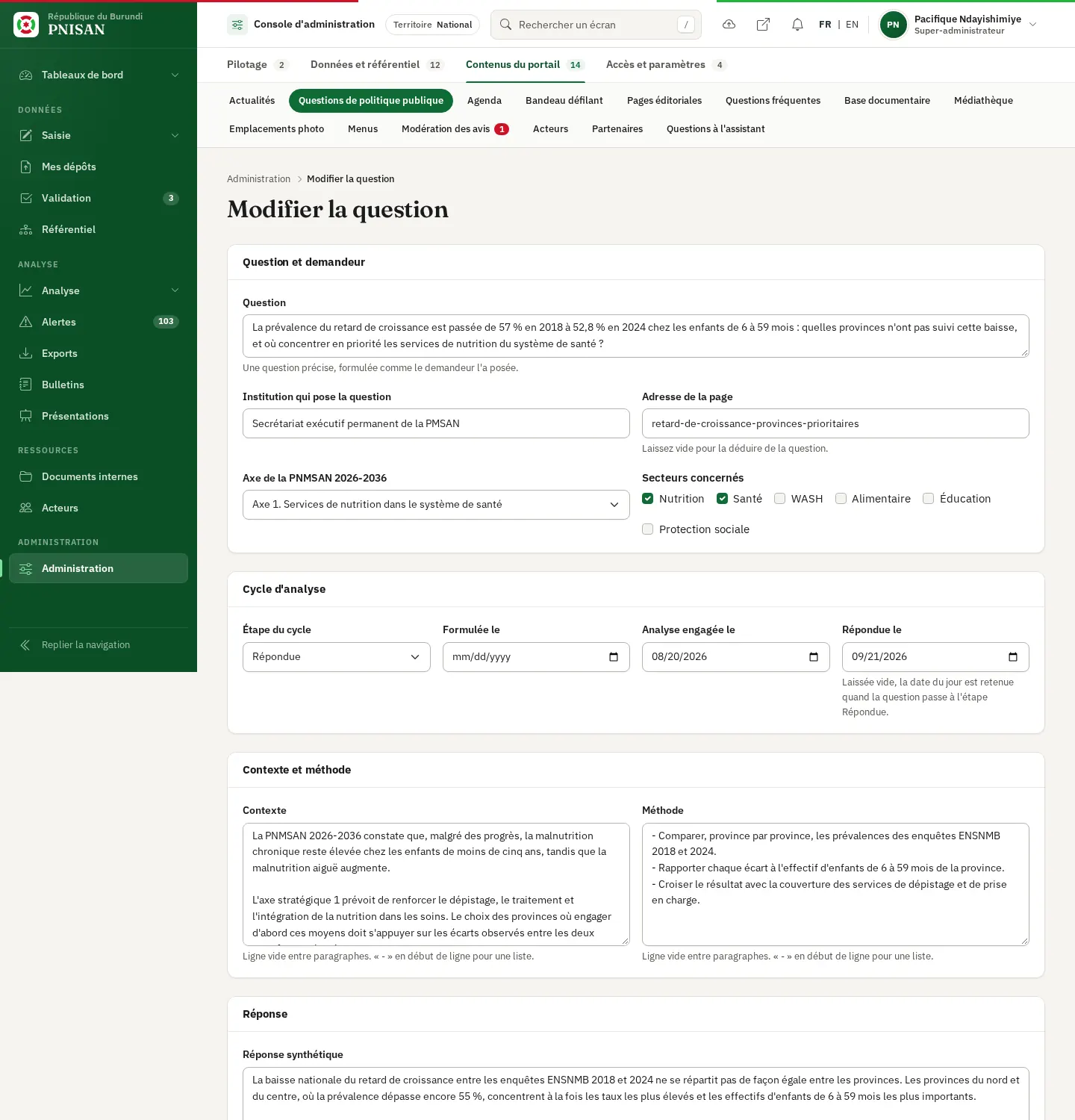 Fiche d'une question : question, demandeur et cycle d'analyse