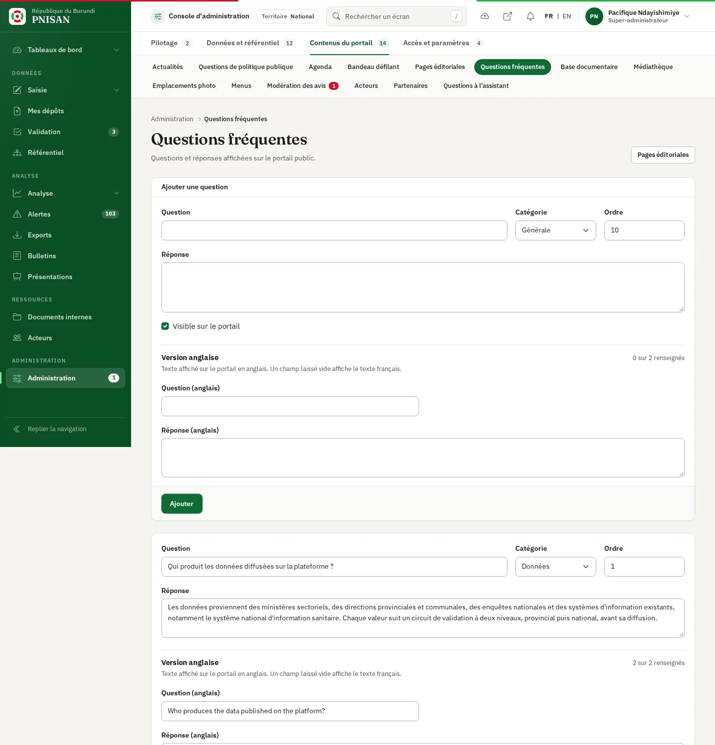 Questions fréquentes : ajout et liste des questions
