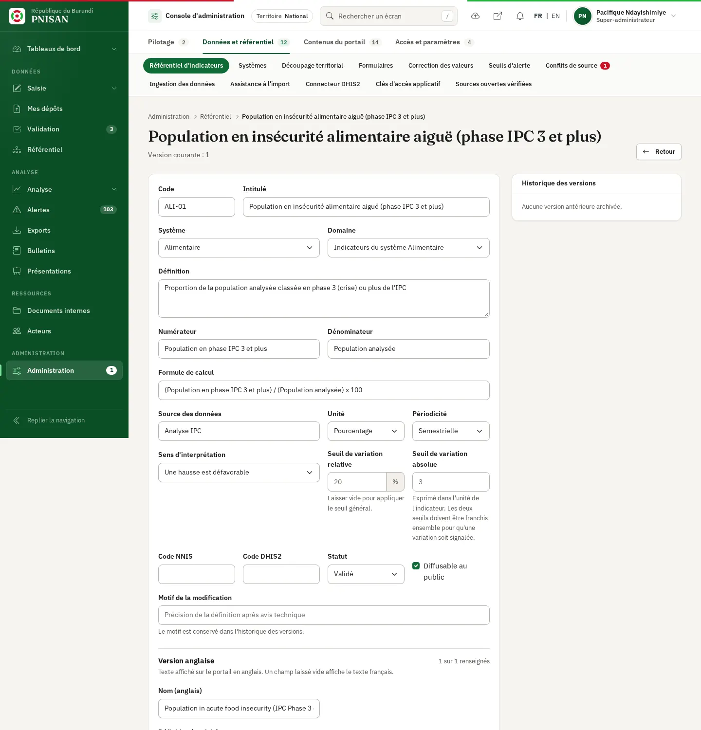 Fiche d'un indicateur : métadonnées, correspondances et historique des versions
