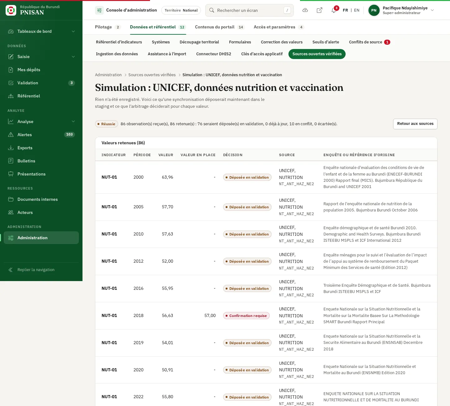 Simulation d'une source : résumé et tableau Valeurs retenues avec la colonne Décision