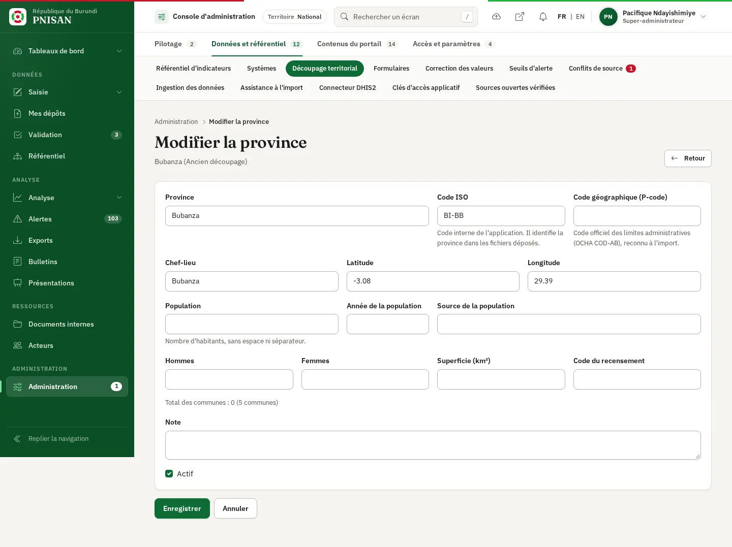 Modification d'une province et de ses codes