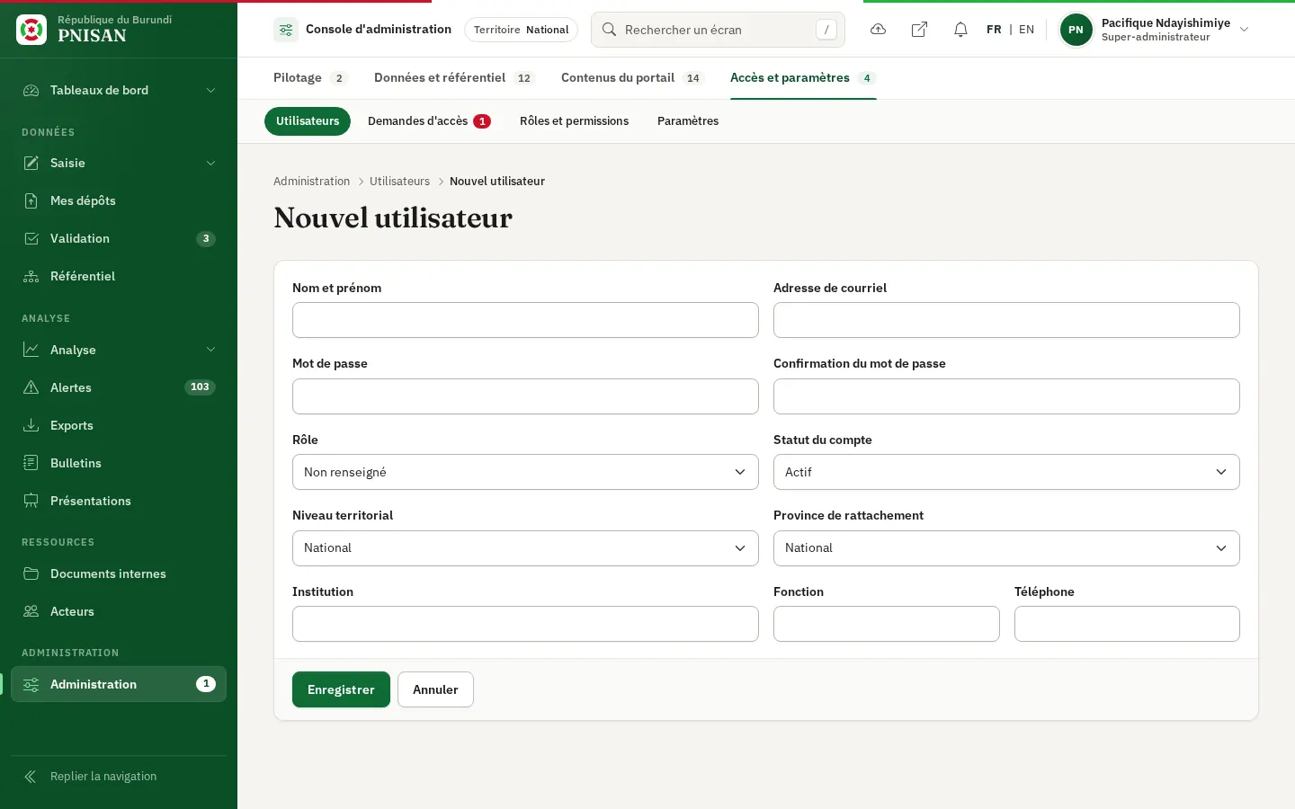 Formulaire Nouvel utilisateur