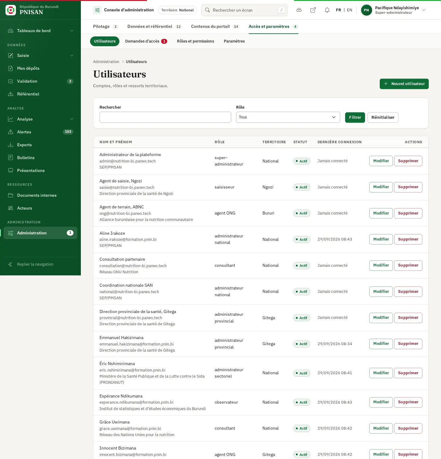 Liste des comptes, recherche et filtre par rôle