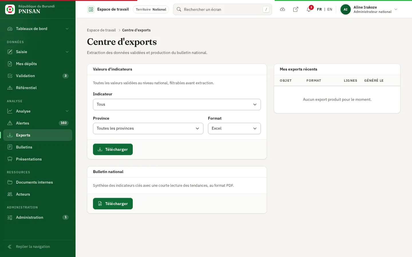 Exports : valeurs d'indicateurs et bulletin national