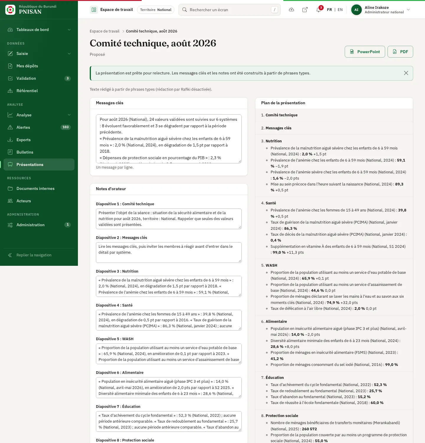 Projet de présentation : messages clés, notes d'orateur et plan