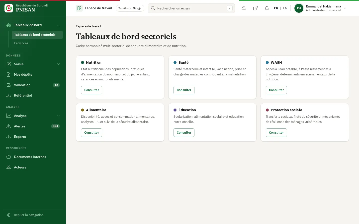 Espace de travail d'un administrateur provincial et sa barre latérale