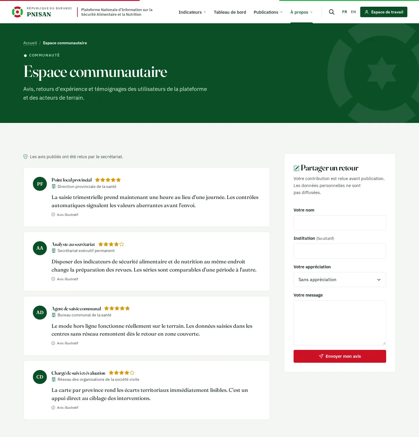 Espace communautaire : avis publiés et formulaire de retour