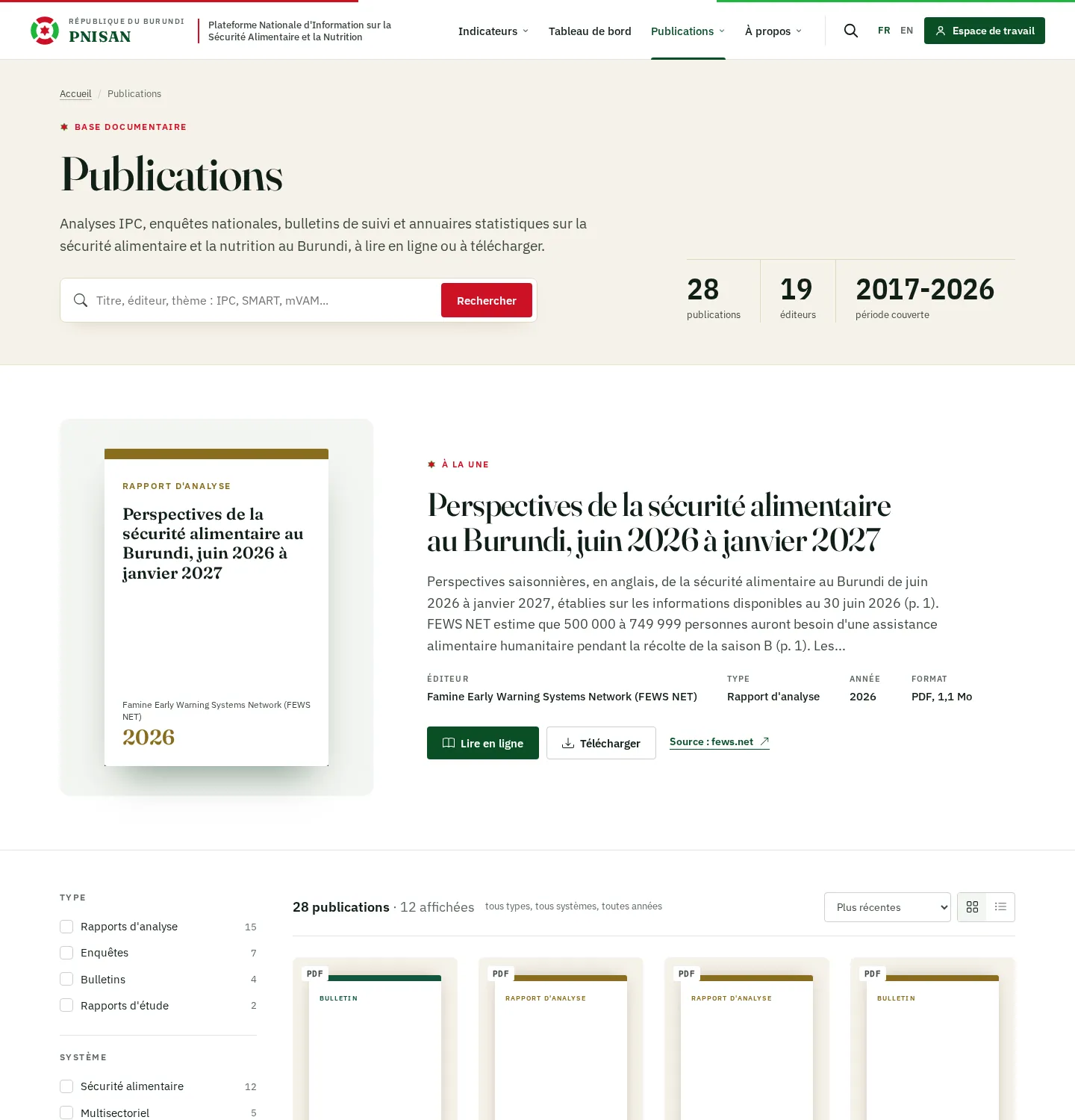 Base documentaire : en-tête, publication à la une et bibliothèque