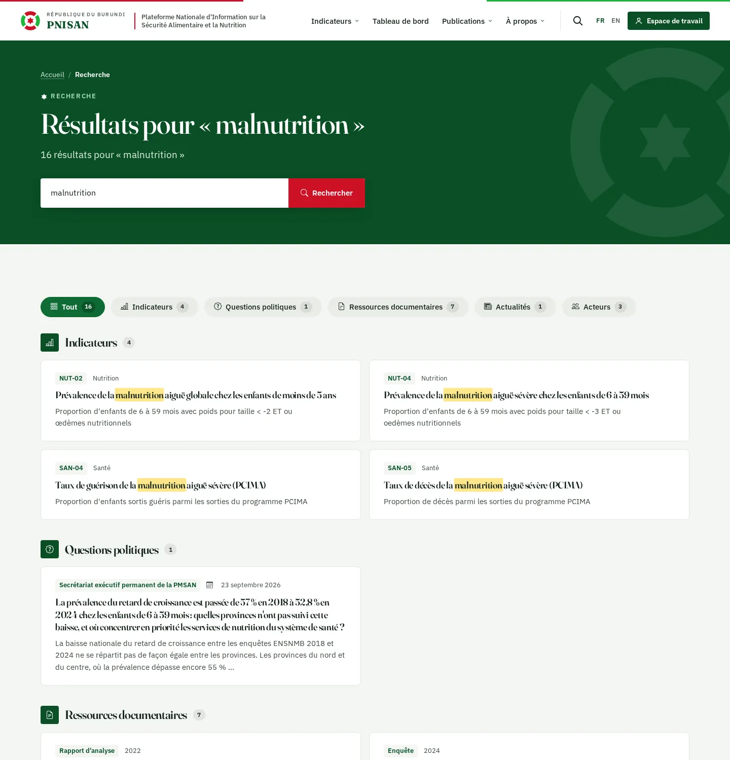 Résultats de la recherche « malnutrition », groupés par type