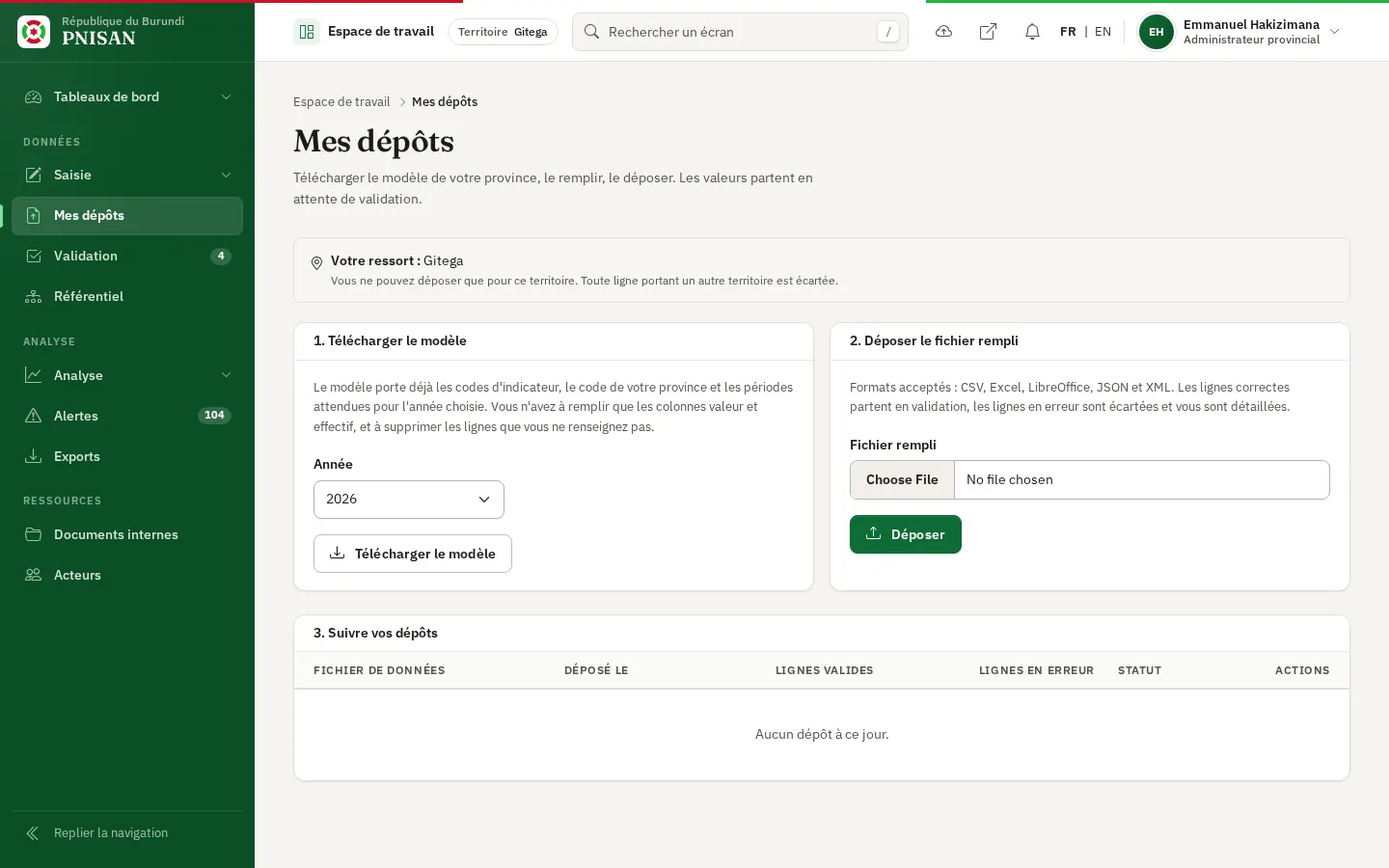 Mes dépôts : télécharger le modèle et déposer le fichier rempli