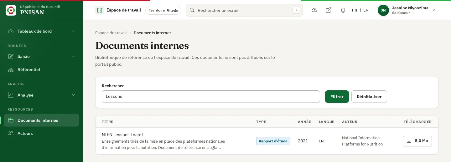 Documents internes après une recherche, avec le bouton Réinitialiser