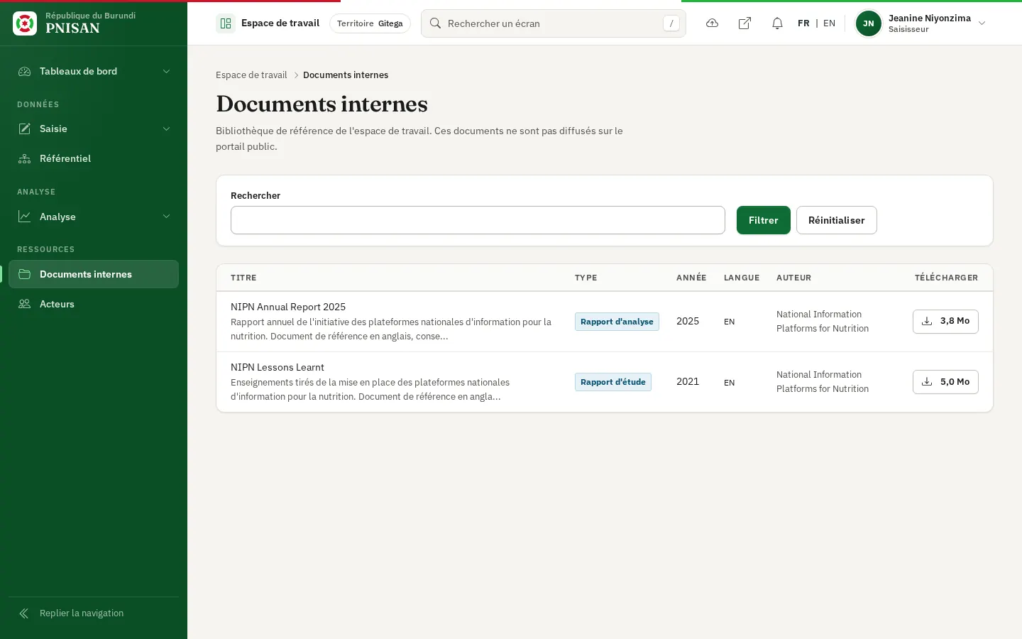 Documents internes : recherche et tableau