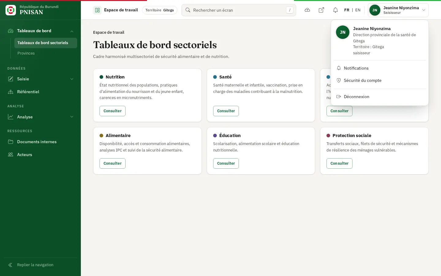 Menu du compte ouvert