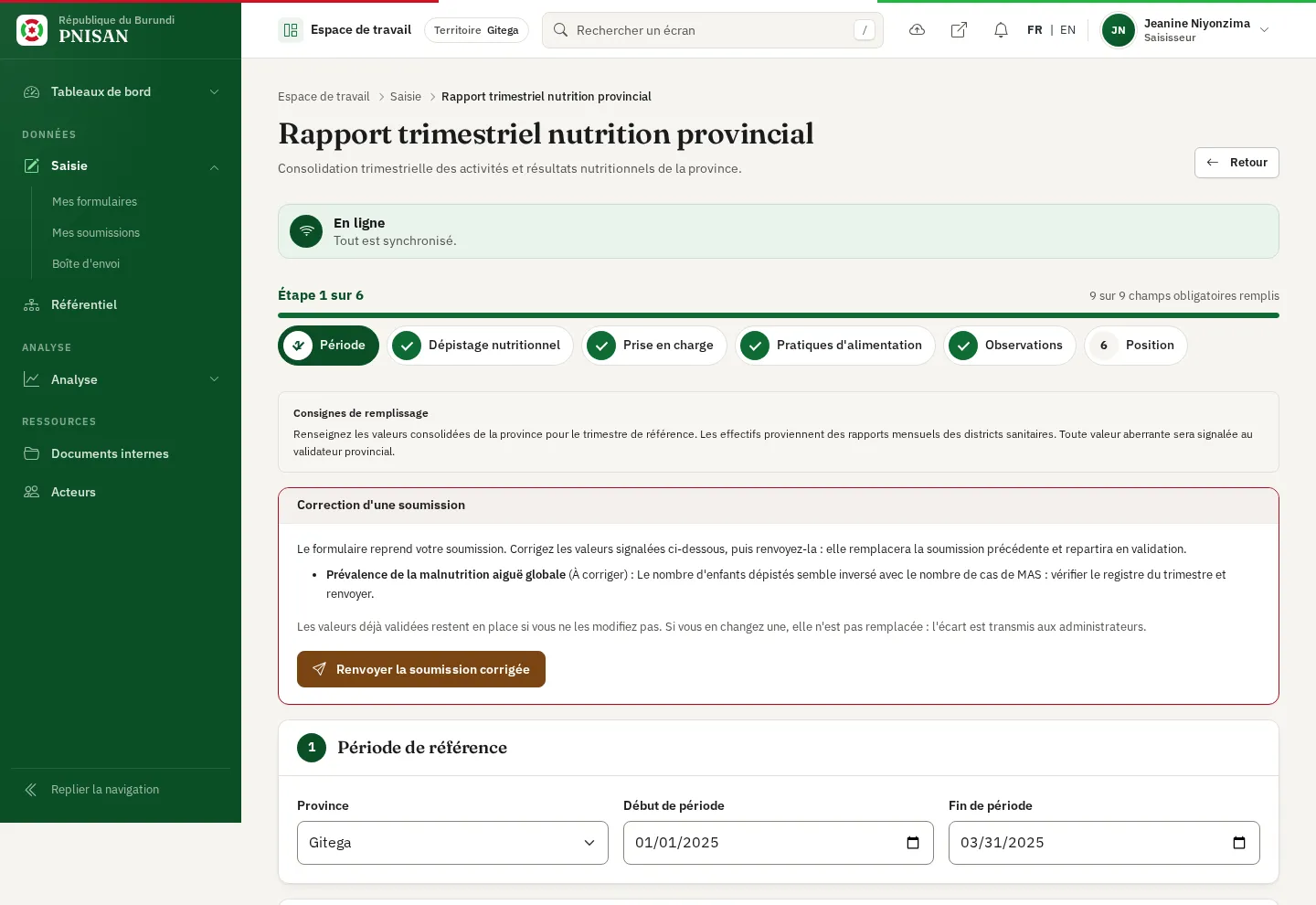 Formulaire prérempli avec le cadre Correction d'une soumission et le bouton Renvoyer la soumission corrigée