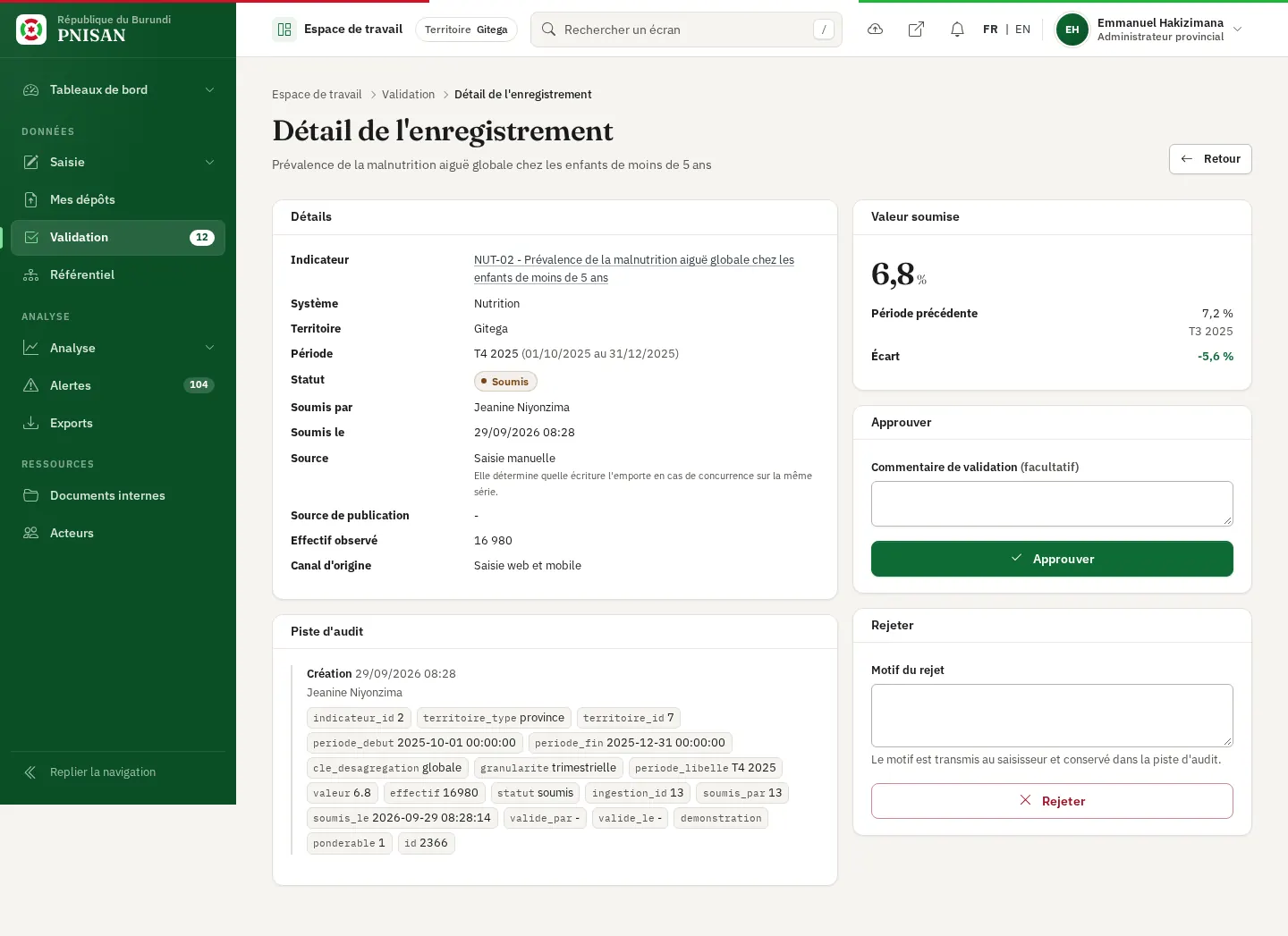 Détail de l'enregistrement : bloc Détails à gauche, Valeur soumise à droite