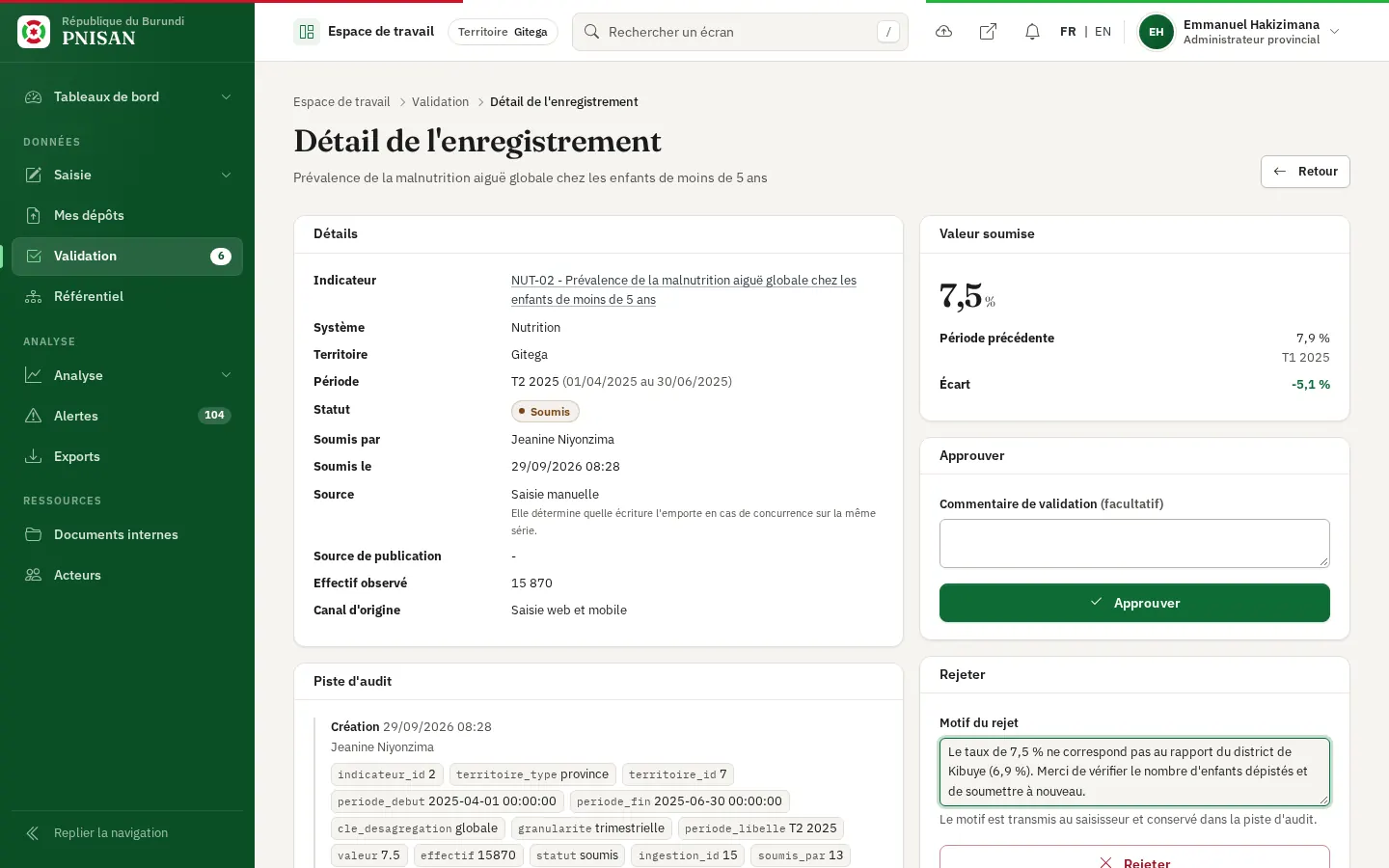 Rejet d'une valeur avec son motif