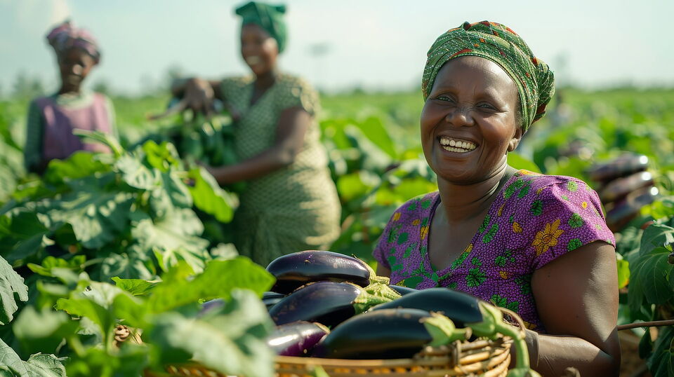 Des agricultrices récoltent des aubergines dans un champ.